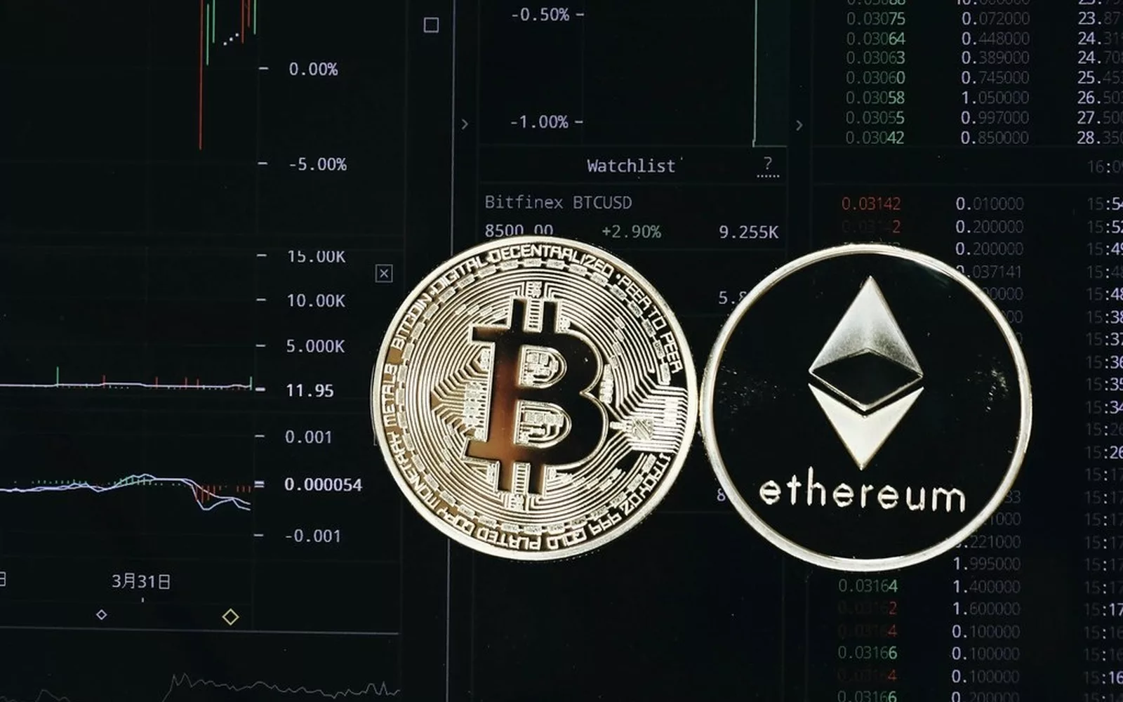 Monety bitcoina i ethereum na tle wykresu notowań